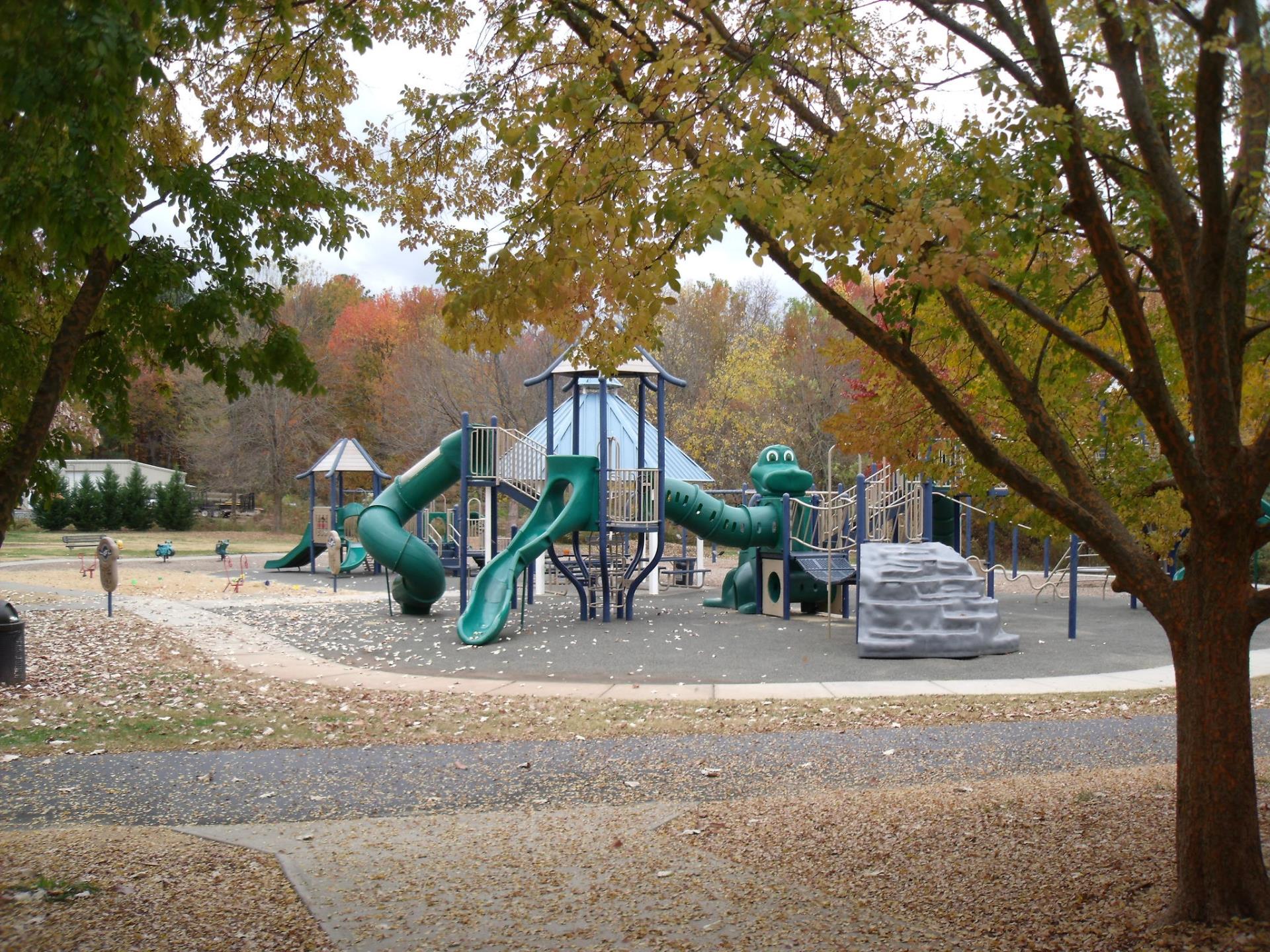 Morrisville Community Park playground surrounded by trees with fall leaves