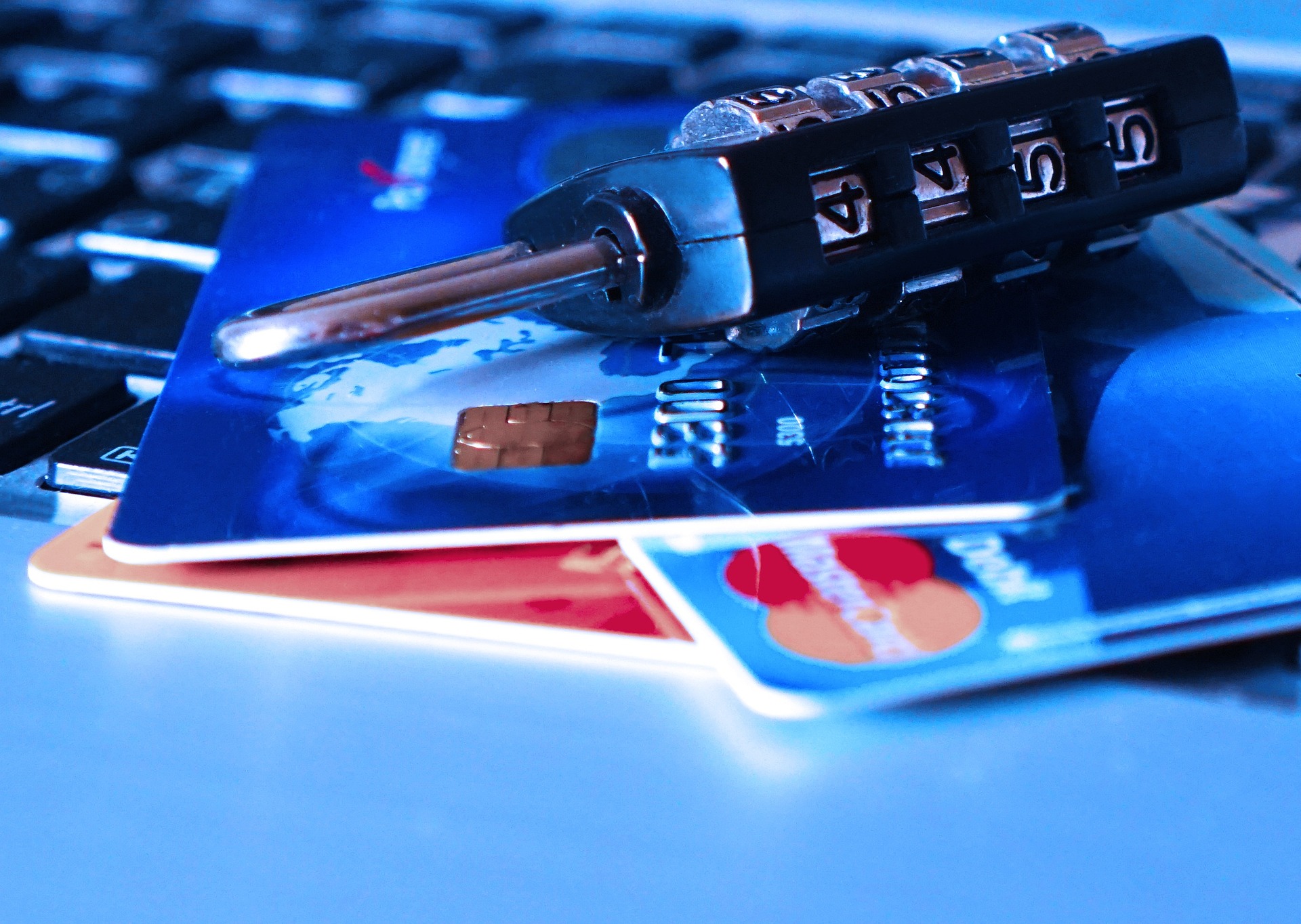 stack of credit cards with lock on top